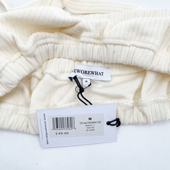 NWT WeWoreWhat Tie Halter Bra Top Women's M Cream Ribbed Bandeau Crisscross - Picture 3 of 4